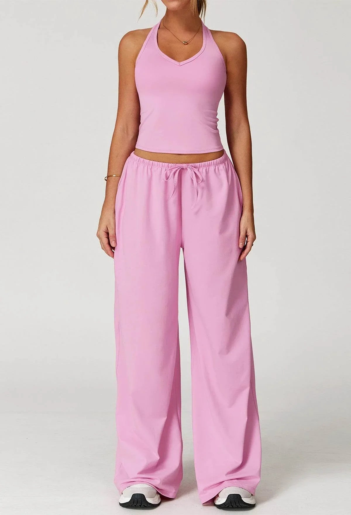 Activewear Wear with Tank Top and Wide Leg Lounge Pants - Rose Pink