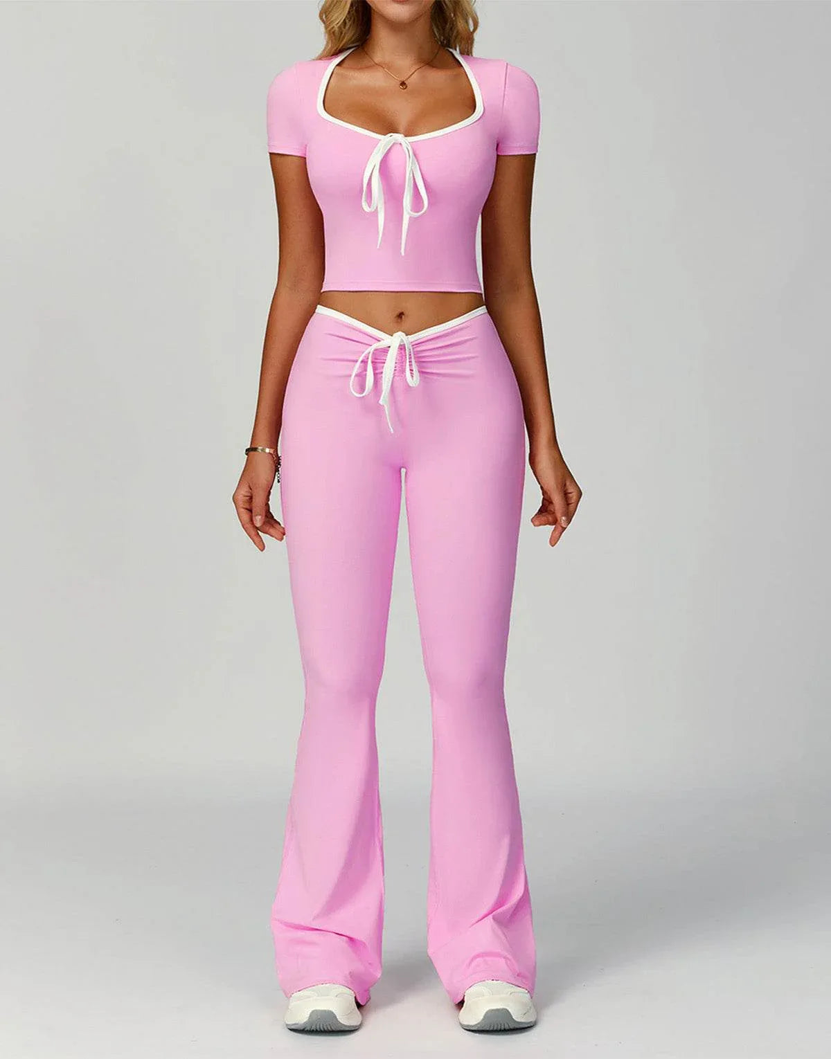 2 Pieces Activewear Set with Bow Crop Tops and Flare Pants - Pink
