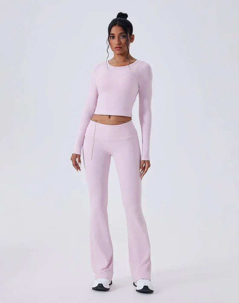 Activewear Set with Backless Top and Low-Waisted Flare Pant - Pink
