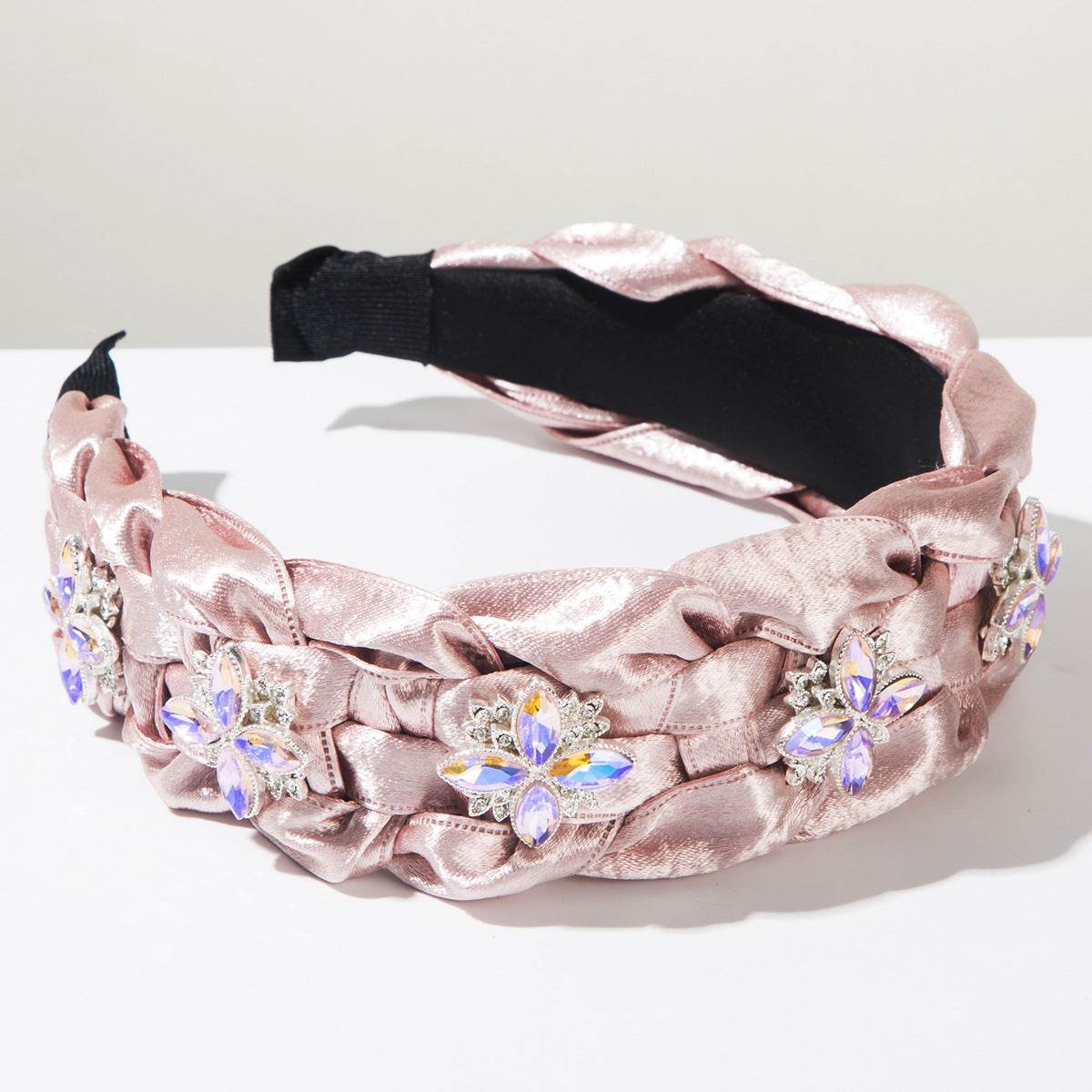 Hand Silks Satins Braided Headband with Four Leaf Flower Rhinestones