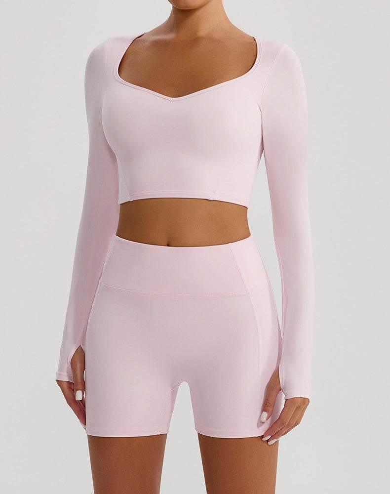 Solid Color Crop Top Yoga Long Sleeve V Neck T-Shirts
