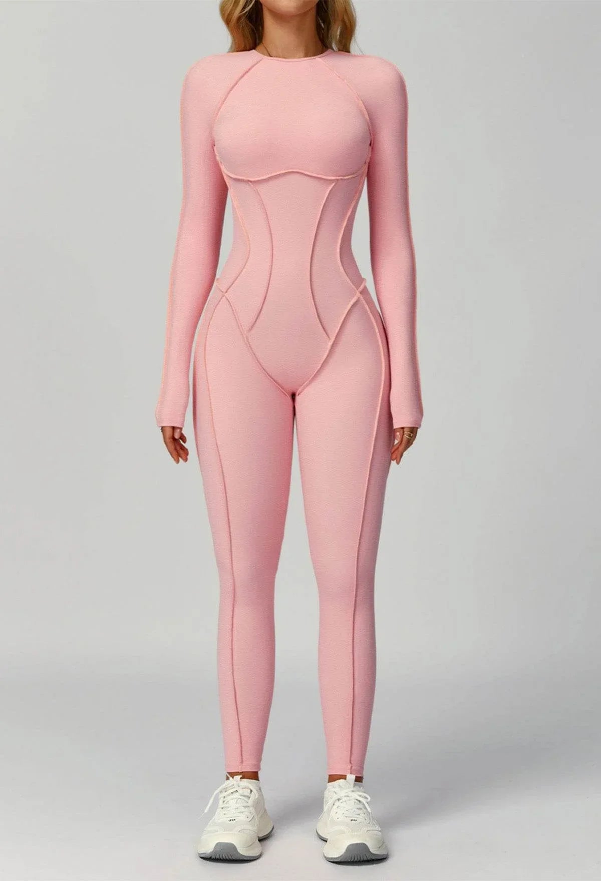 Long Sleeve Backless Yoga One Piece Jumpsuits - Pink