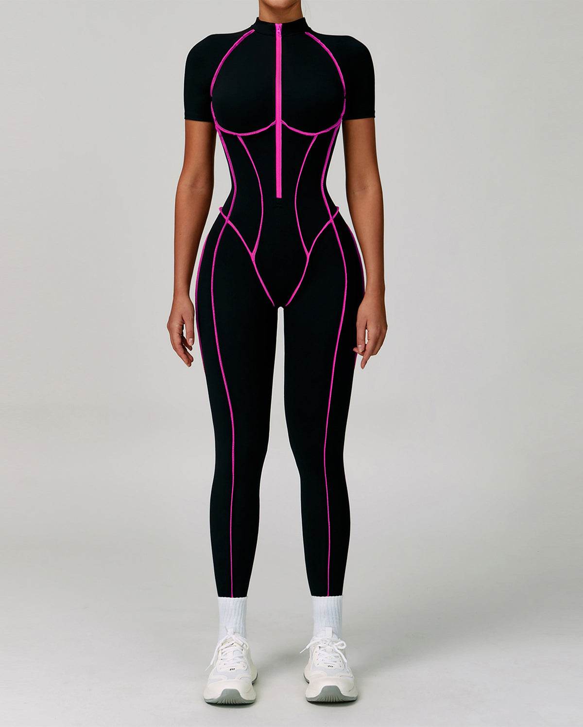 Three Dimensional Line Sports Backless Short Sleeve Jumpsuit