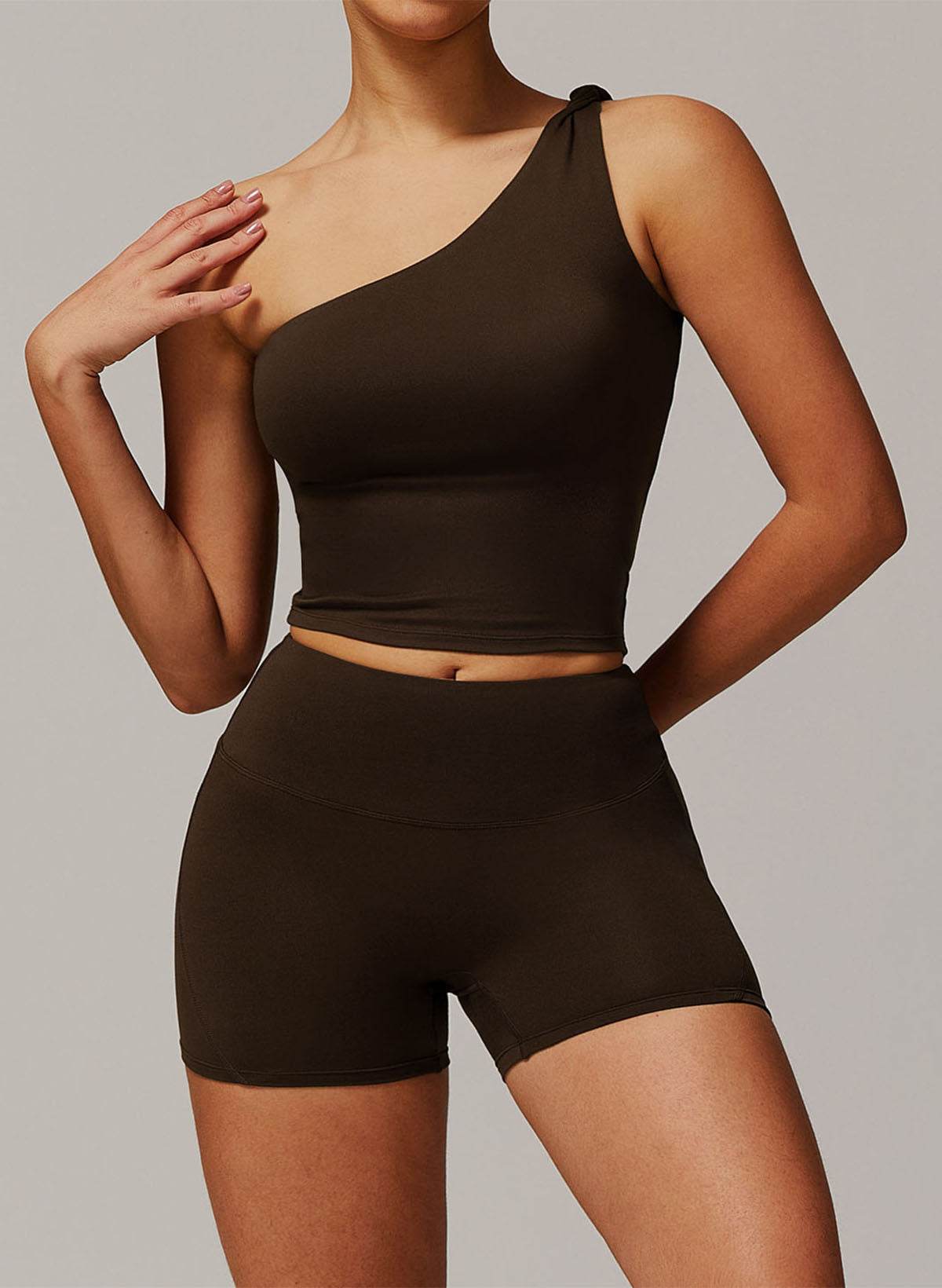 Active Wear Set with One Shoulder Knot Design Tank Top and Shorts