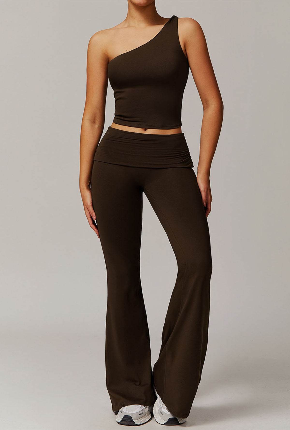Active Wear Set with One Shoulder Knot Design Tank Top and Flare Pants
