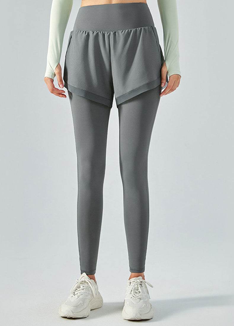 False Two Pieces Sports Leggings with Pockets Shorts