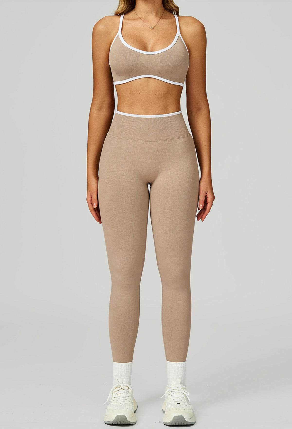Sport Set with Color Block Sports Bras and Legging - White Brown