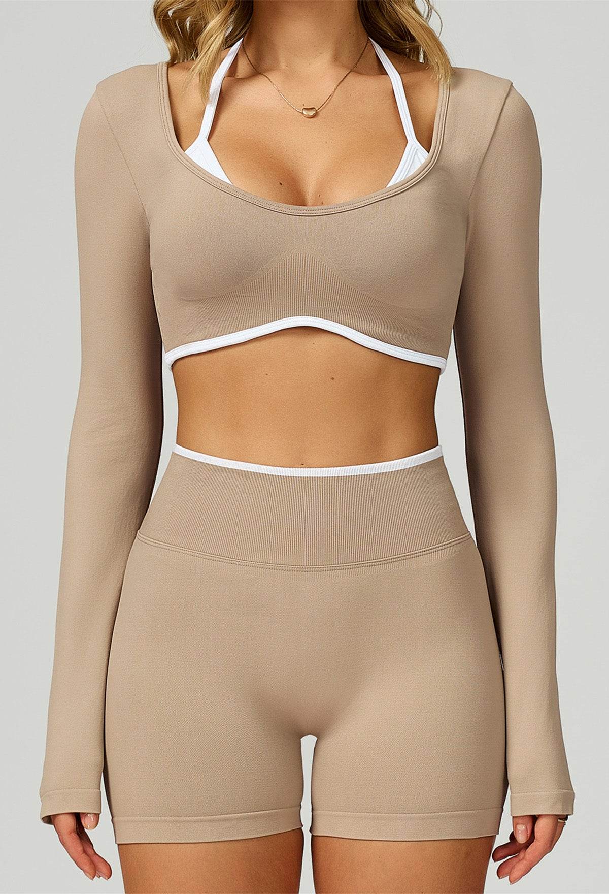 Sport Set with Color Block Long Sleeve T-Shirt and Short - White Brown