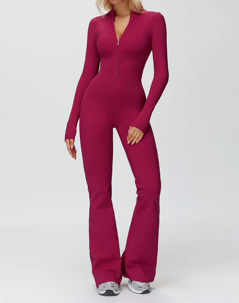 Long Sleeve Flare Workout Jumpsuit Zip Up Wide Leg Bodysuit - Rose Red
