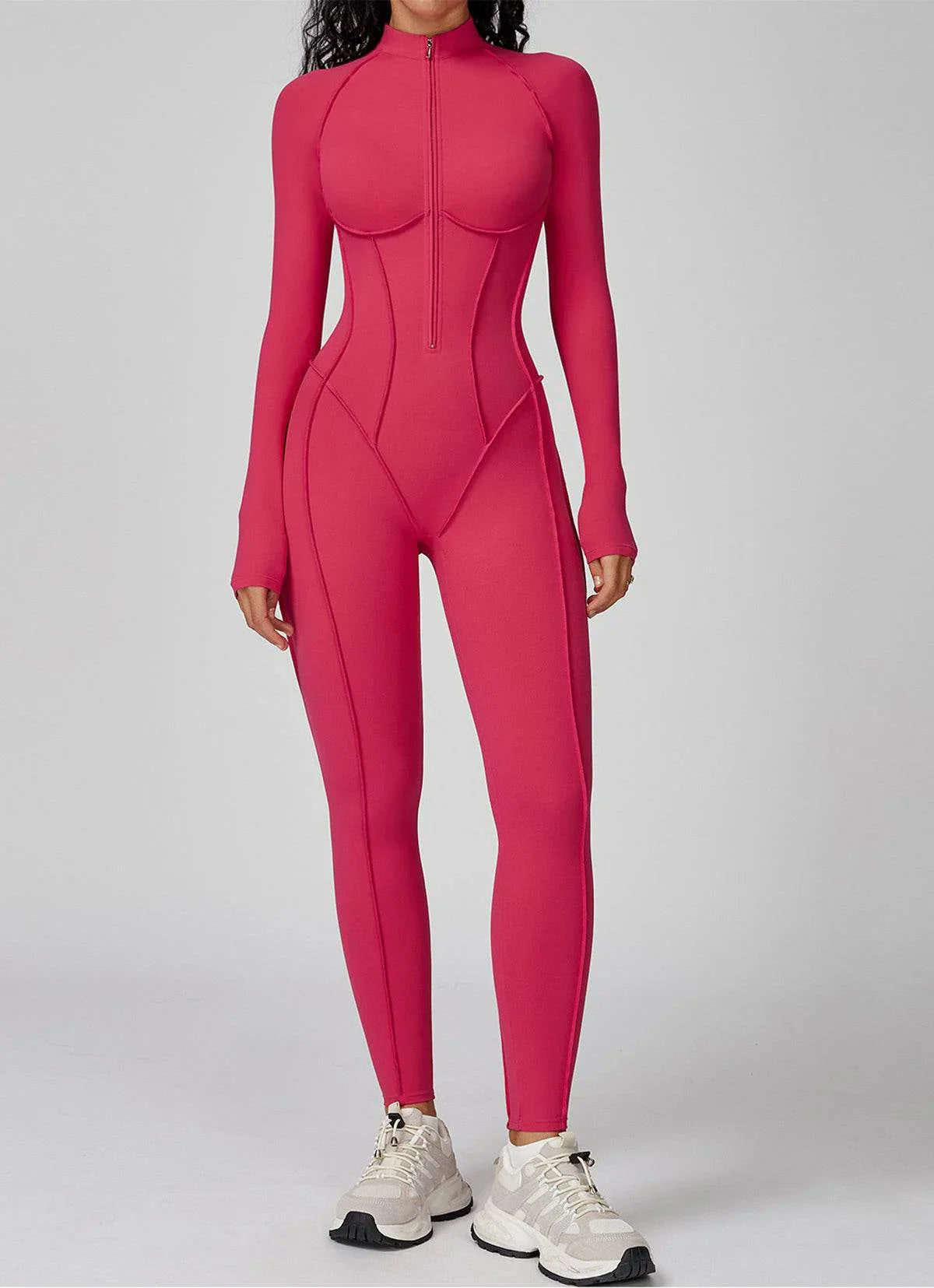 Long Sleeve Zip Front Sport Jumpsuits One Yoga Rompers - Raspberry Red