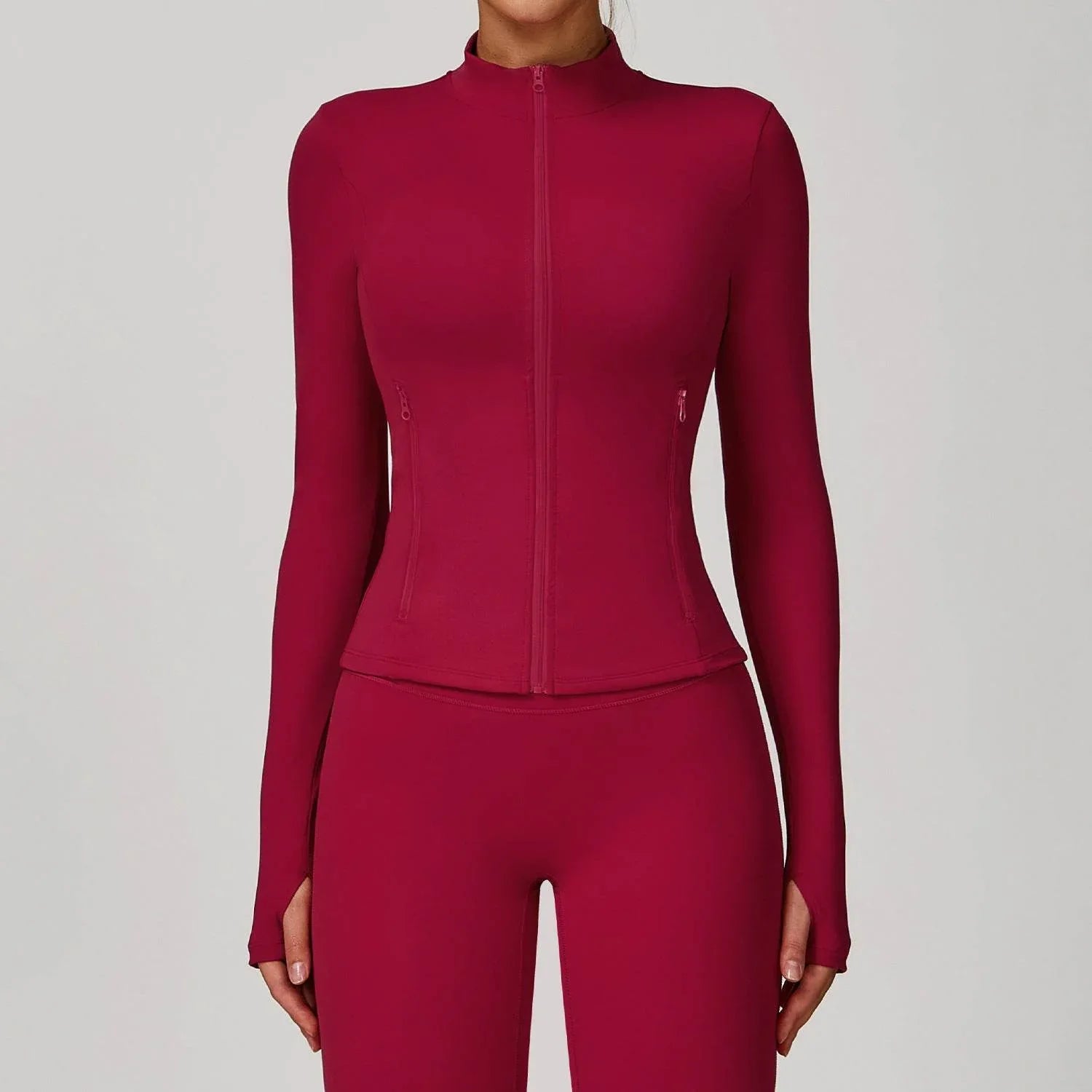 Zip Up Workout Jacket Long Sleeve Athletic Coat with Pockets - Raspberry Red