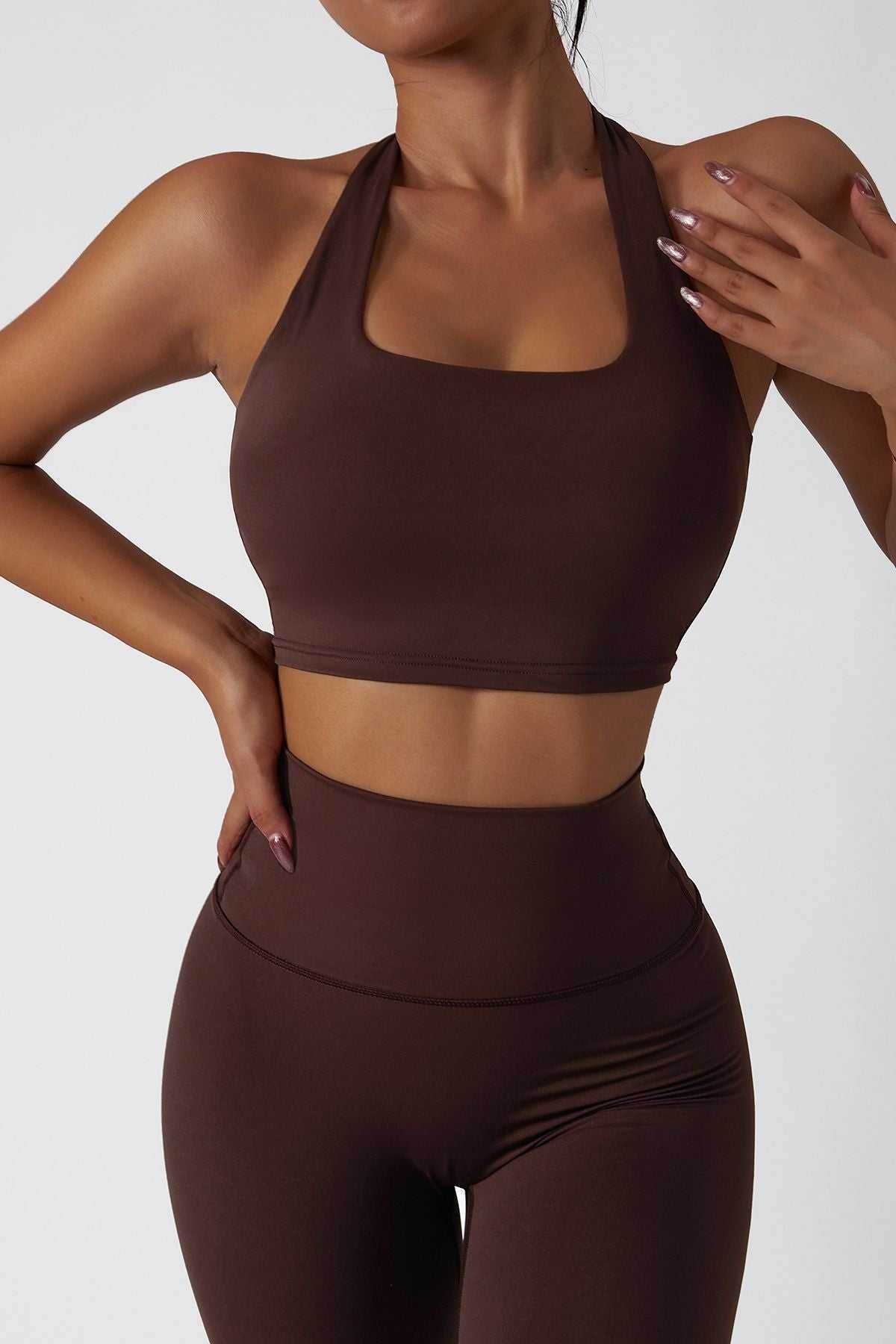 Halter Neckline Backless Sports Bra - Dark Brown