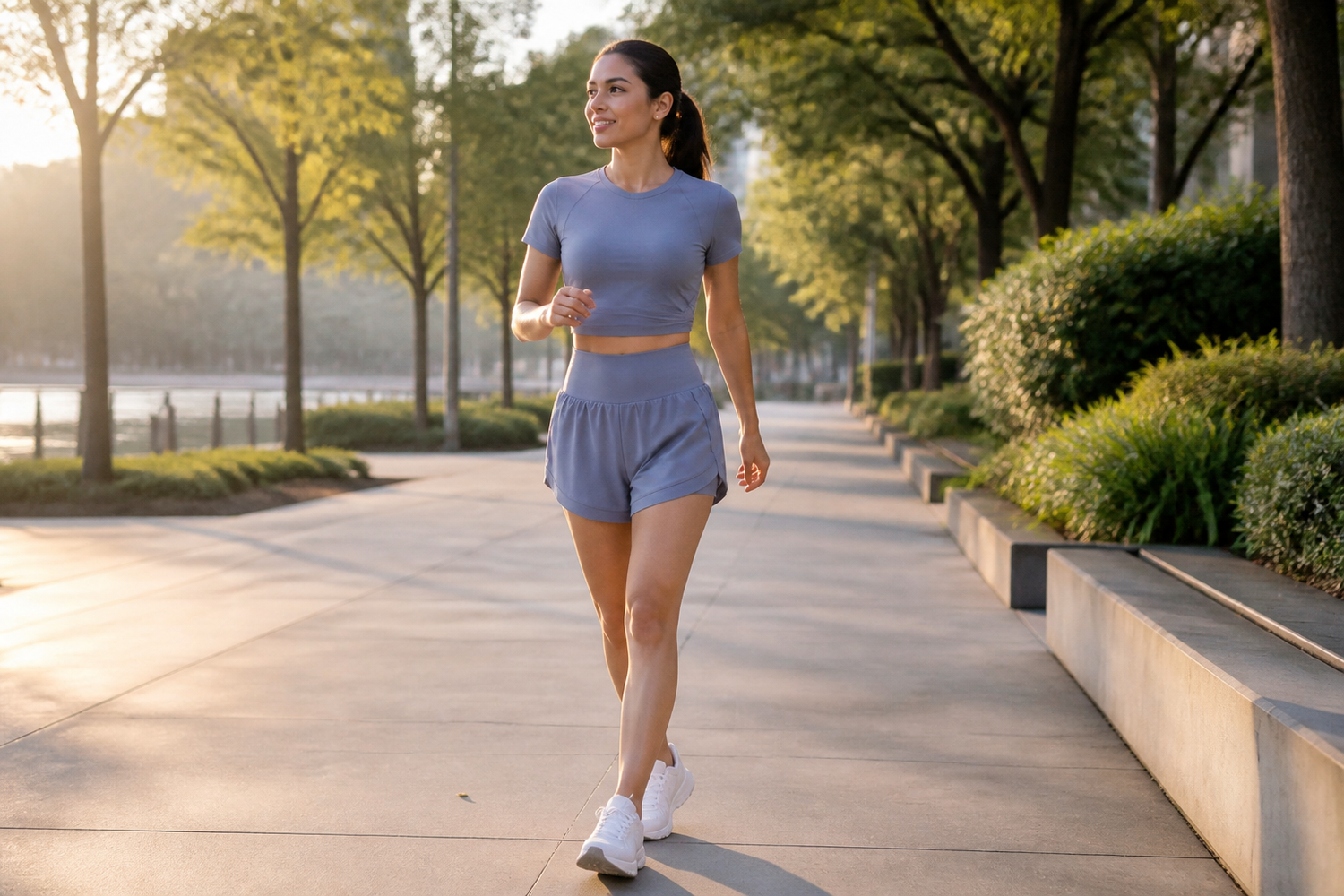 Woman walking in a park in blue-gray high-waisted layered running shorts