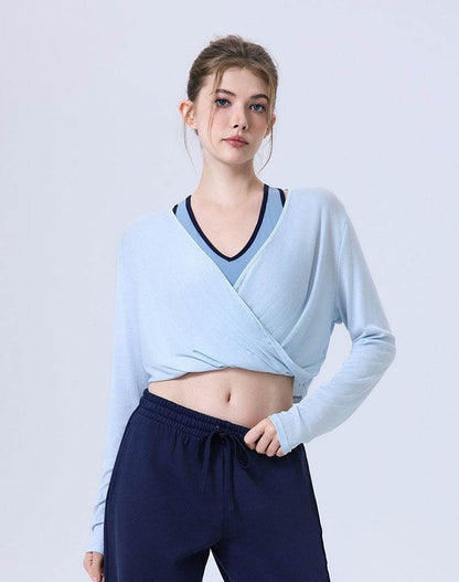 Long Sleeve Fake Two Piece Crop Top V Neck Yoga T-Shirt