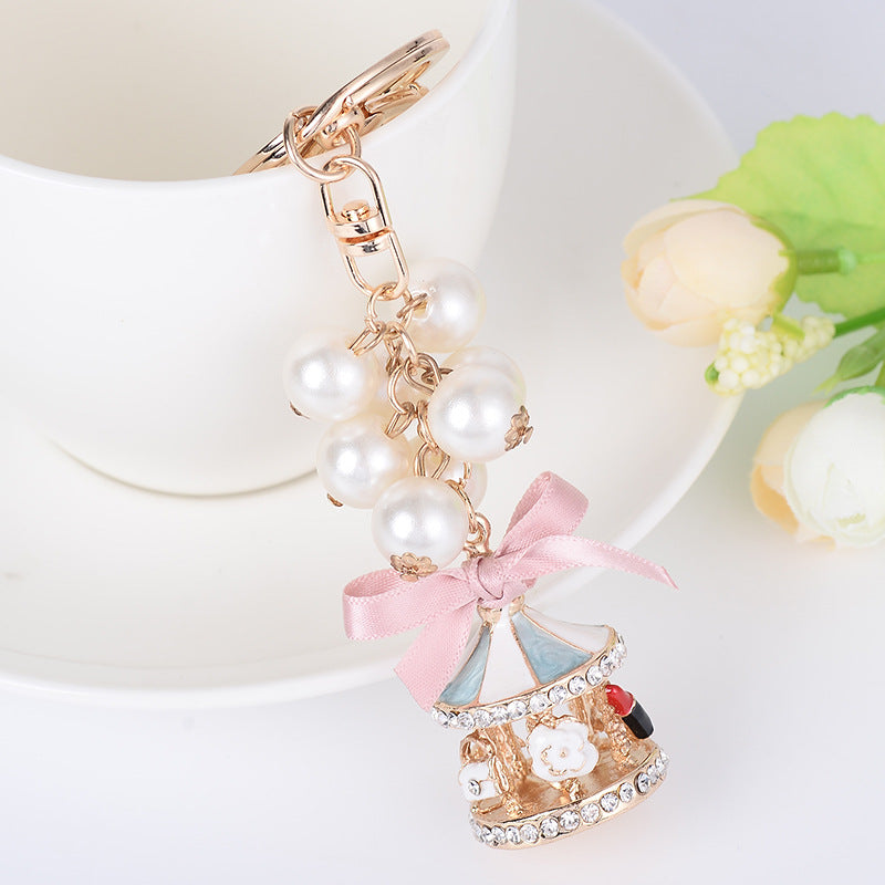 Carousel Bag Keychain with Bow Knot and Pearls Pendant