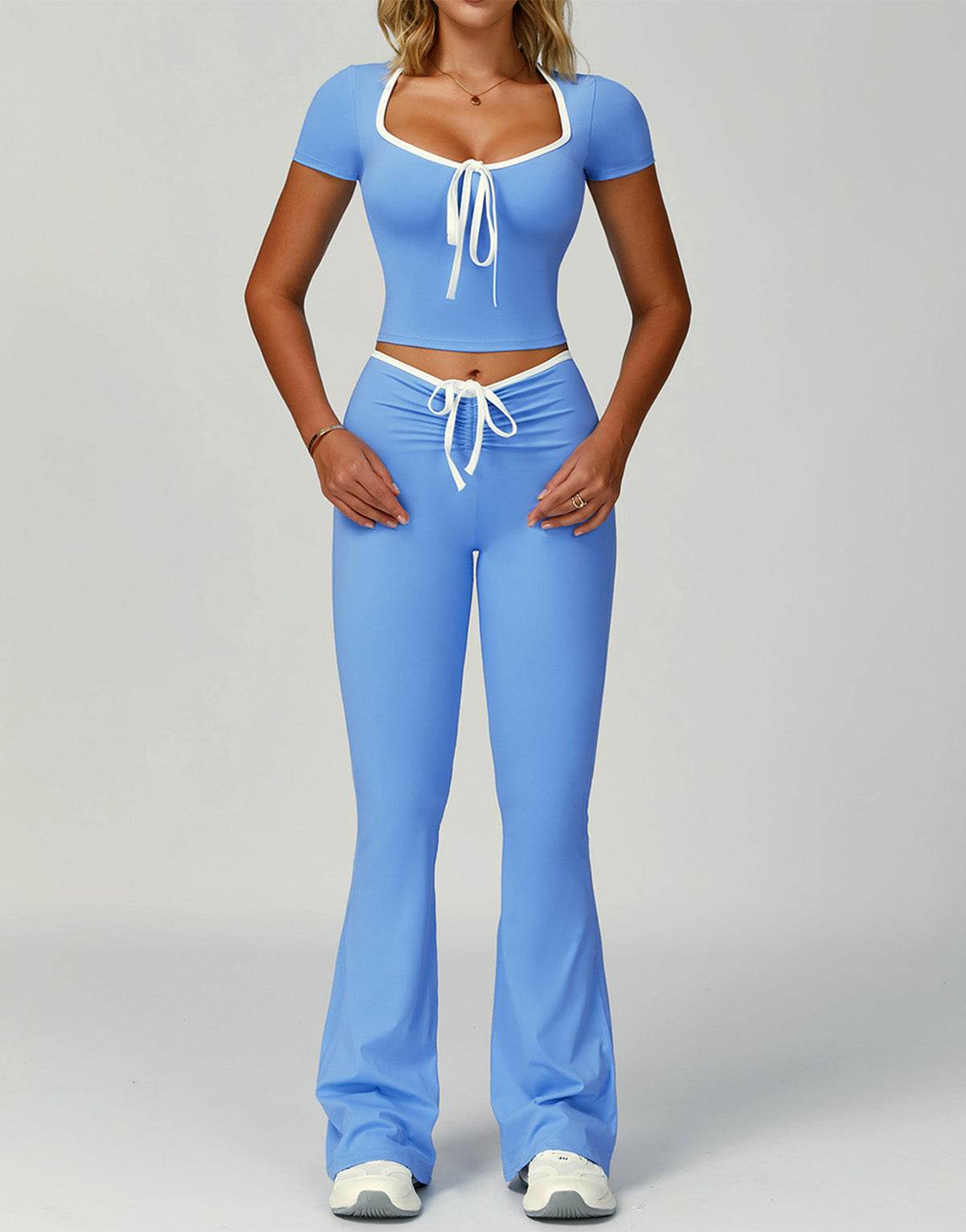 2 Pieces Activewear Set with Bow Crop Tops and Flare Pants