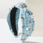 Classic Tweed Fabric Knotted Headband with Pearl and Rhinestone