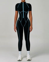 Three Dimensional Line Sports Backless Short Sleeve Jumpsuit