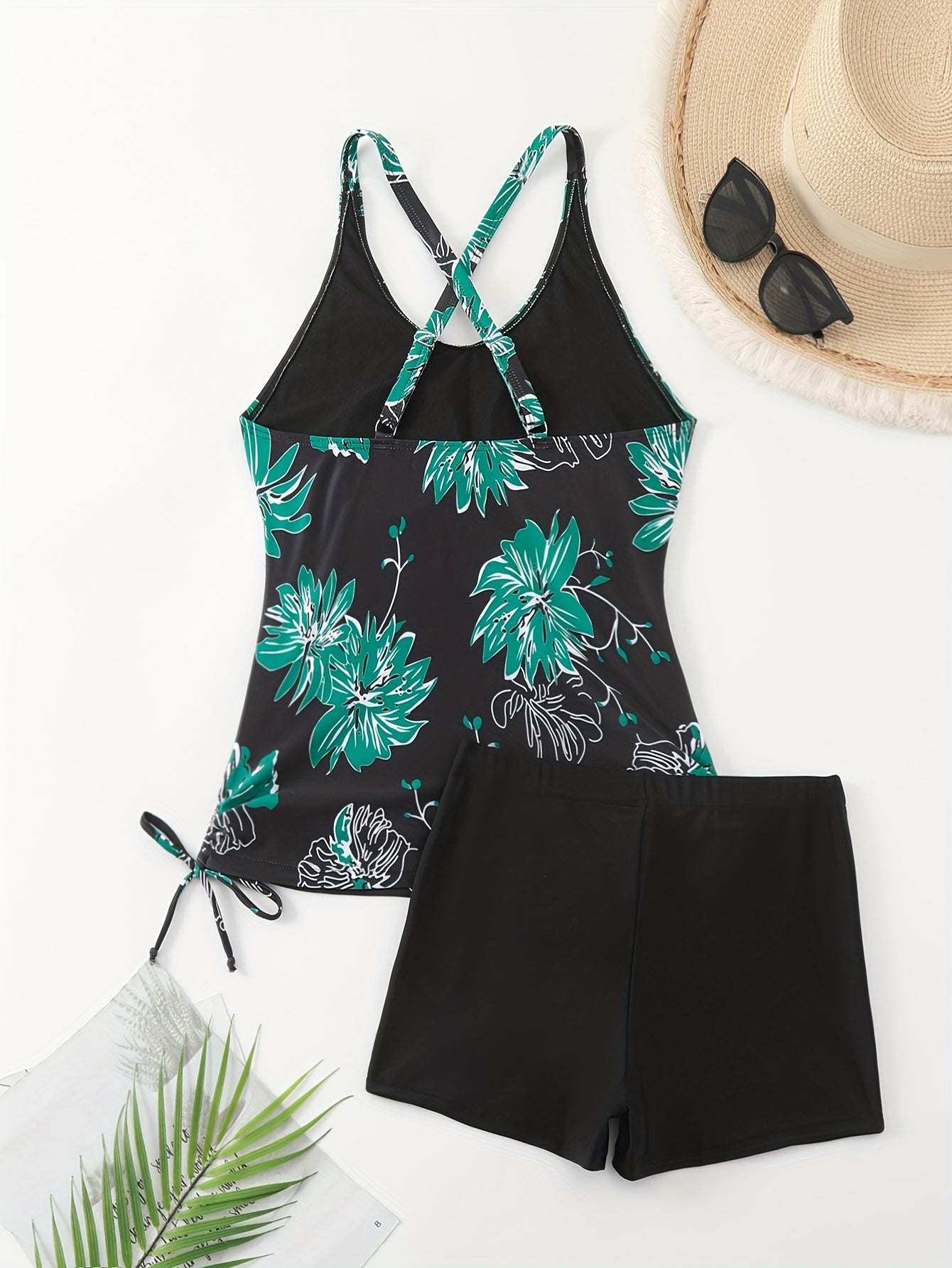 Floral Print Drawstring Criss Cross 2 Piece Tankini Set