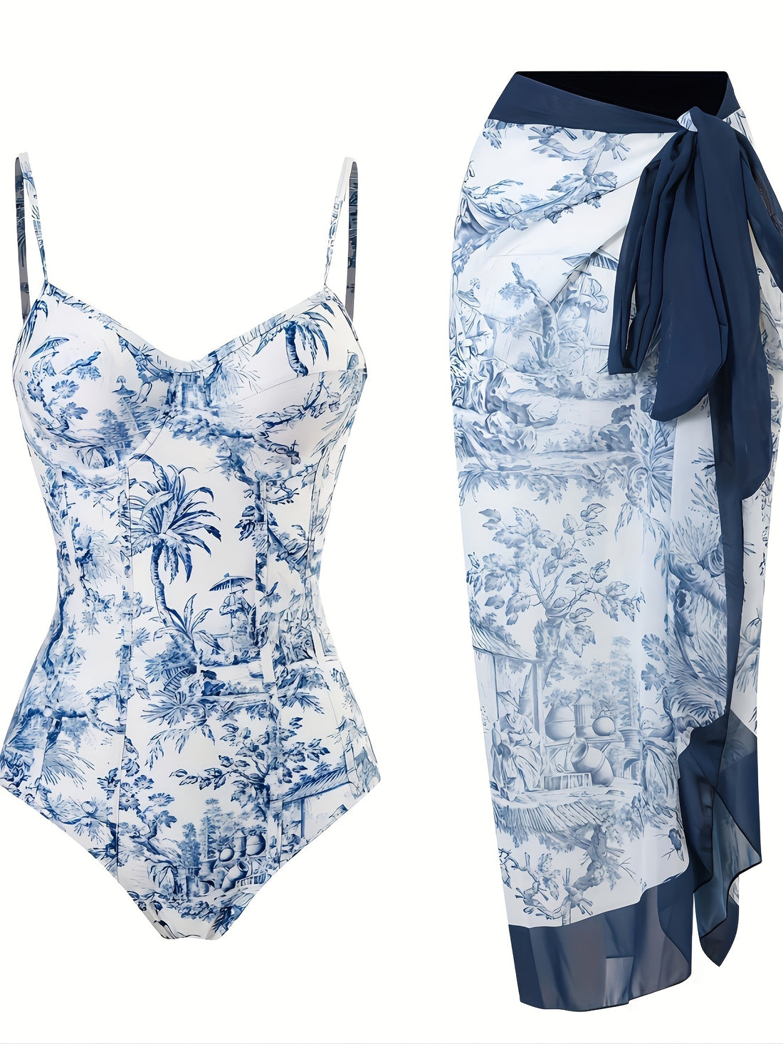 2-Piece Chinoiserie Push-Up Swimsuit &amp; Skirt Set