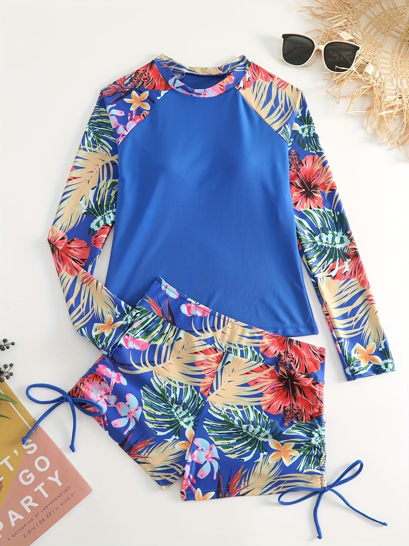 2-Piece Blue Floral Long Sleeve Swimsuit