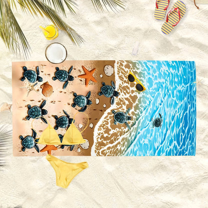 Beach Towel with Cute Sea Stars and Turtles Graphic Pattern