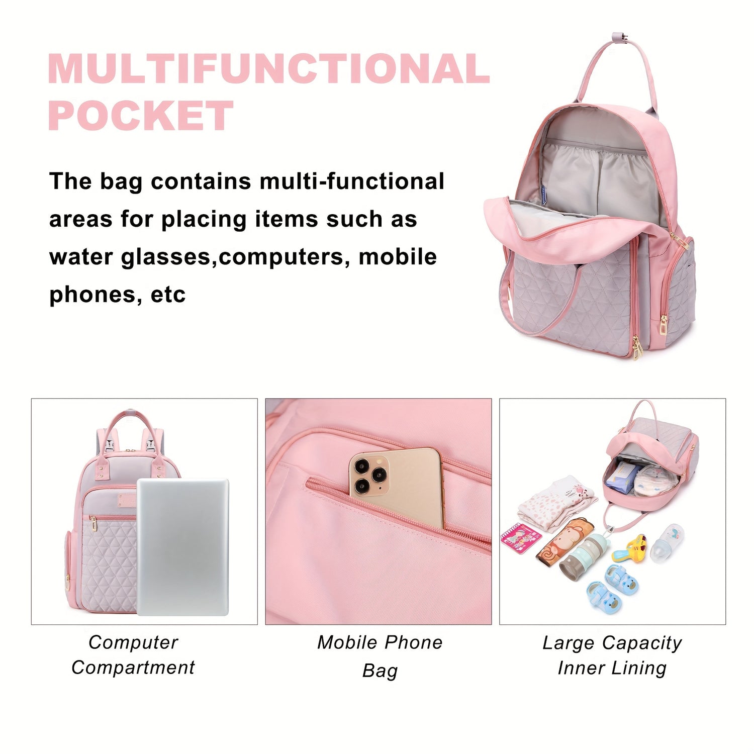 Versatile Mom Bag with Spacious Diaper Compartment and Insulated Pocket