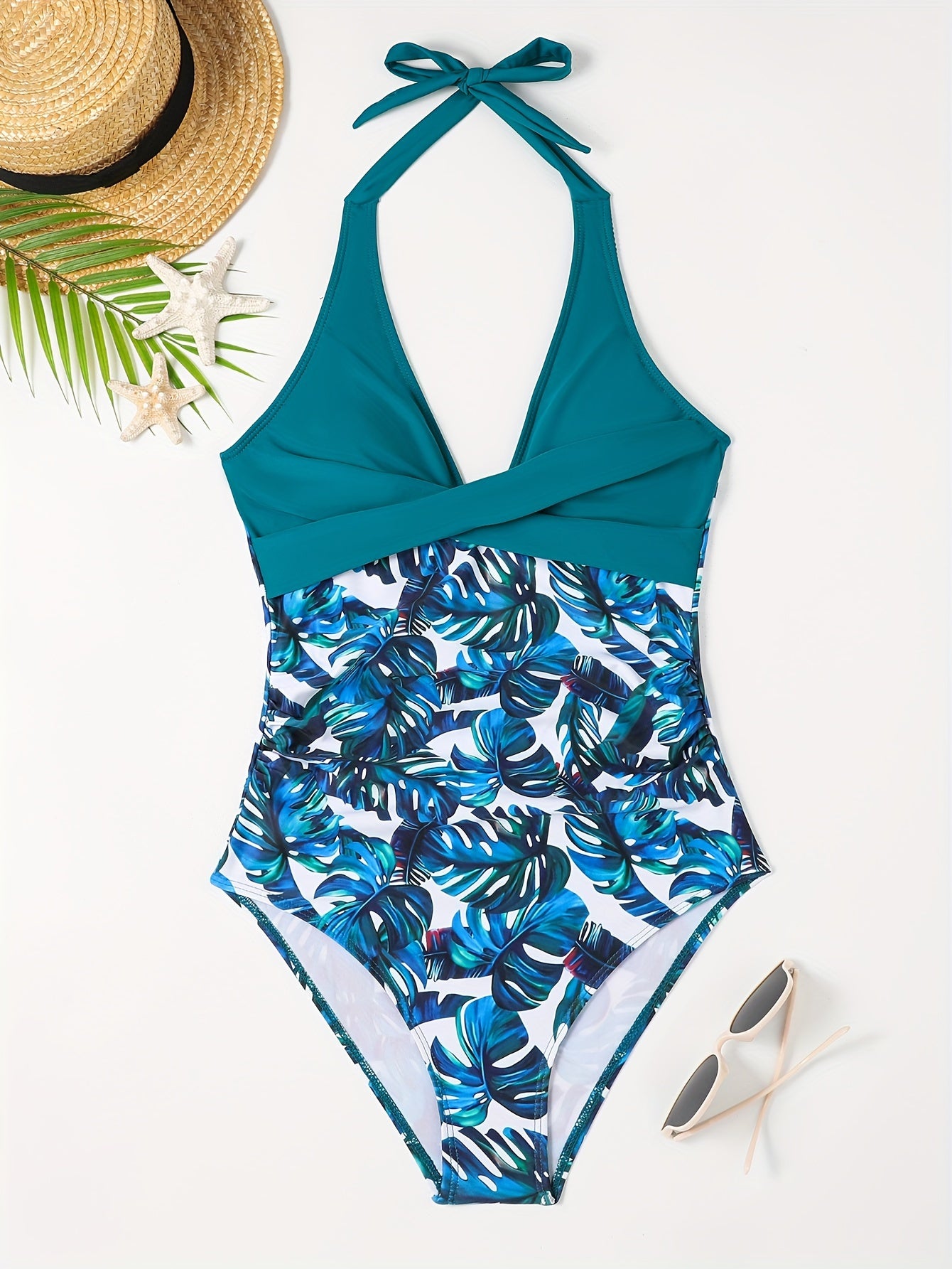 V Neck Halter Tie Neck One Piece Bathing Suit