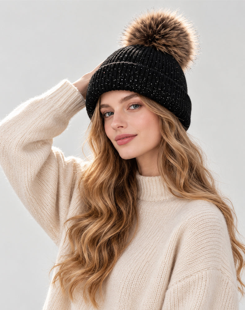 Winter Knitted Beanie Hat with Faux Fur Pom