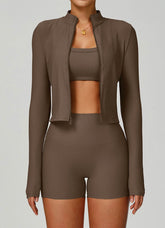 3 Pieces Ribbed Activewear Set with Bra, Jacket and Short