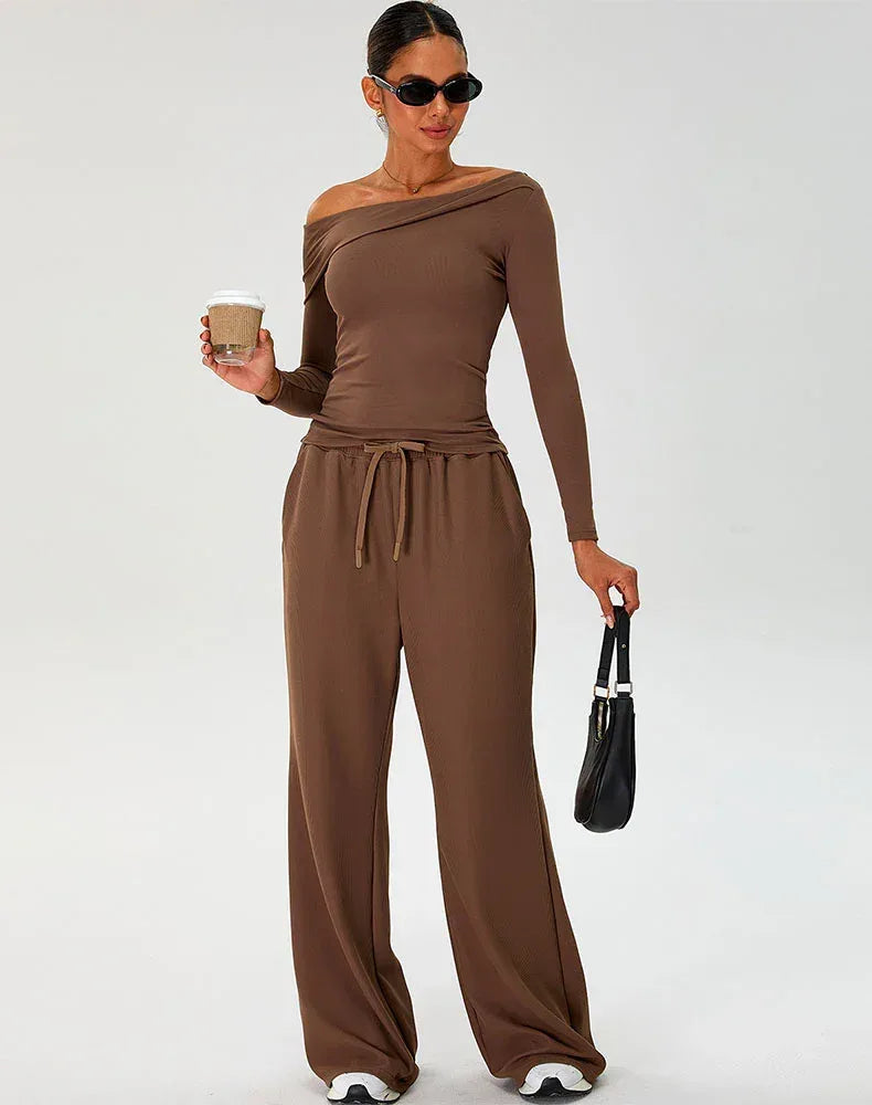Activewear Set with Asymmetrical Shoulder Top and Sweatpant - Dark Coffee