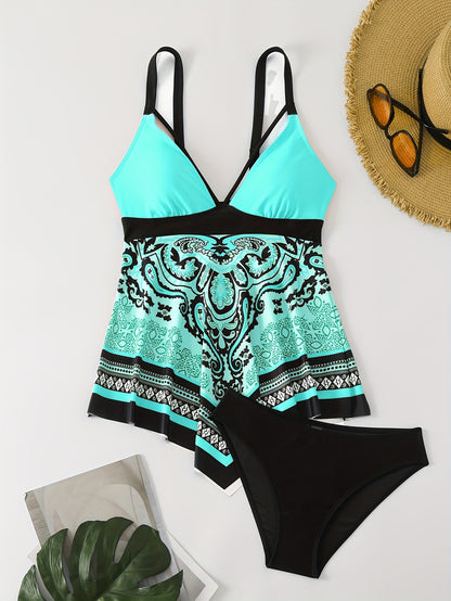 Tribal Print V Neck Hanky Hem High Cut Swimsuits