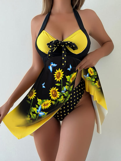 Vibrant Sunflower Print Two-Piece Tankini Set