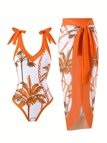 2 Piece Stretchy Coconut Tree Chain Print Swimsuits