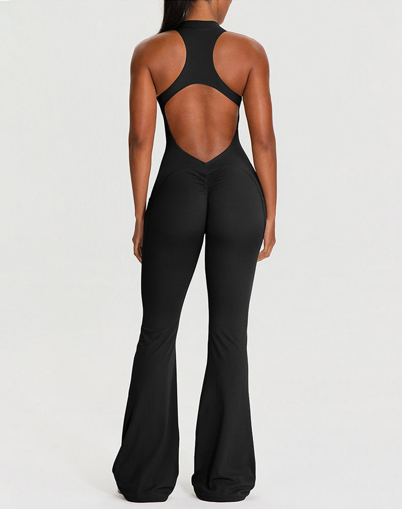 Zipper Racerback Yoga Bodysuit Flare Jumpsuit with Pockets