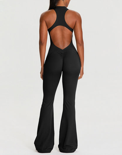 Zipper Racerback Yoga Bodysuit Flare Jumpsuit with Pockets