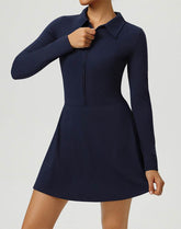 Long Sleeve Zip Polo Collar Tennis Dress with Built in Short