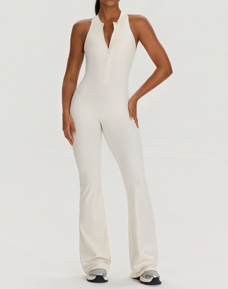 Zipper Racerback Yoga Bodysuit Flare Jumpsuit with Pockets