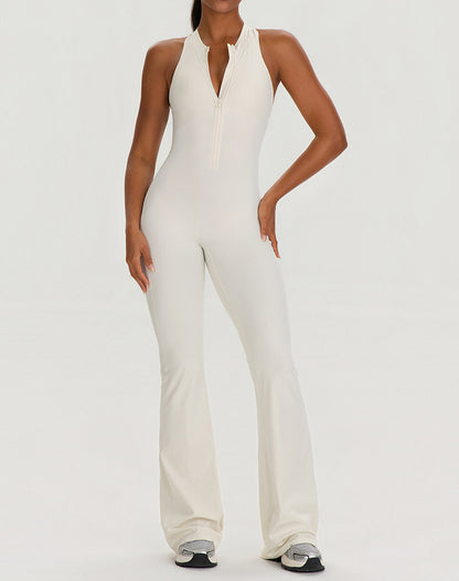 Zipper Racerback Yoga Bodysuit Flare Jumpsuit with Pockets