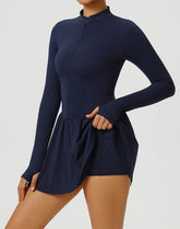 Long Sleeve Zipper Tennis Dress with Built-in Short