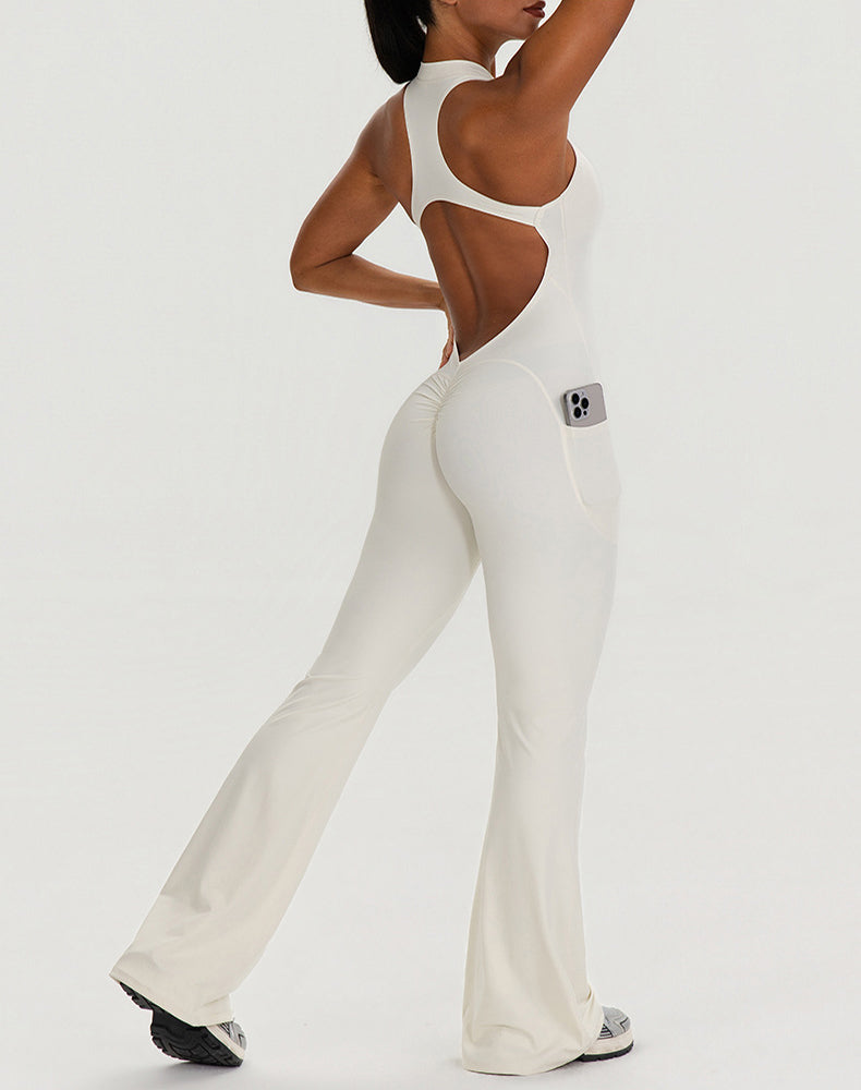 Zipper Racerback Yoga Bodysuit Flare Jumpsuit with Pockets