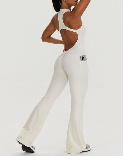 Zipper Racerback Yoga Bodysuit Flare Jumpsuit with Pockets