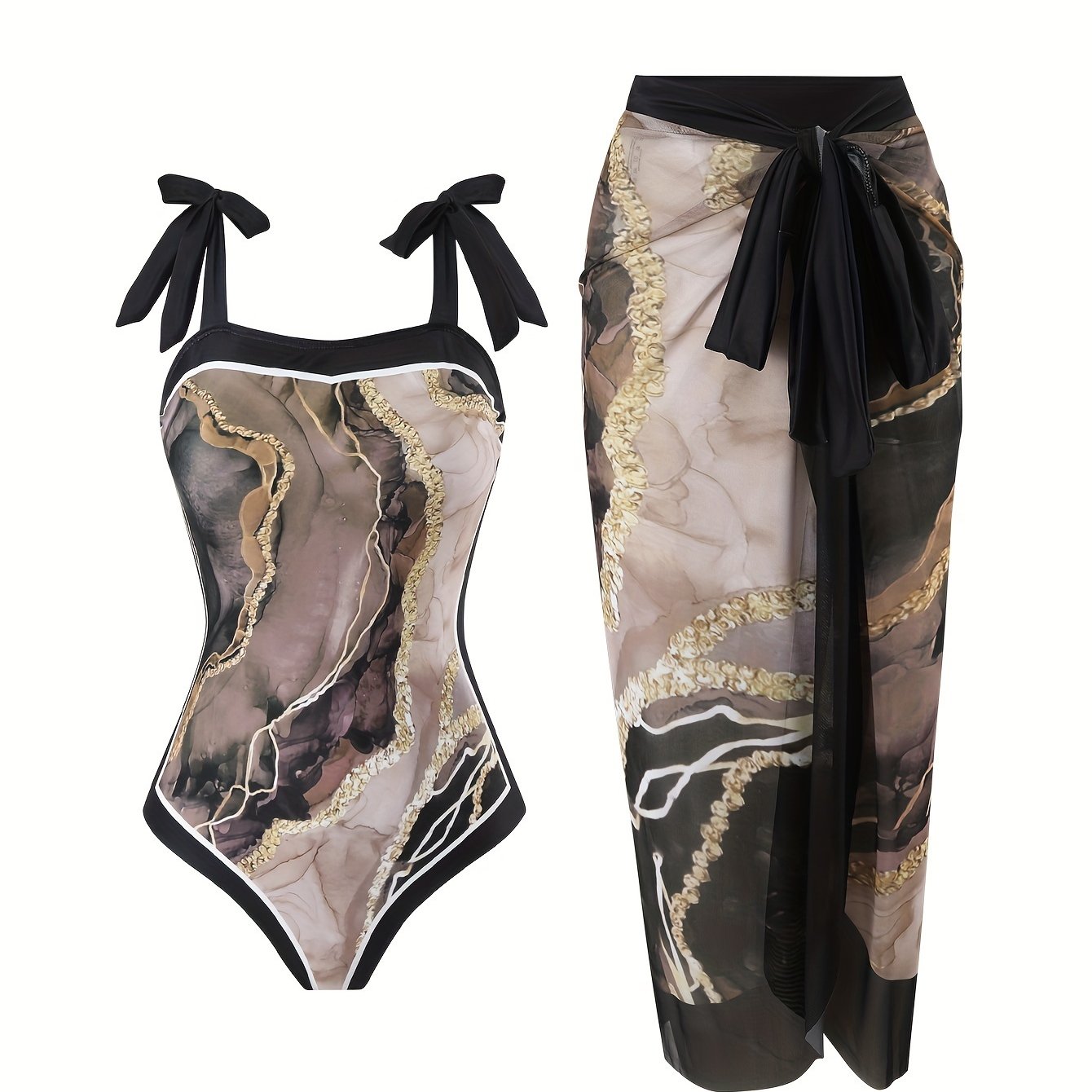 Chic Brown Marble Print Swimsuit Set