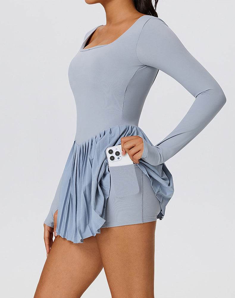 scoop neck pleated tennis dress Long Sleeve with Short and Pocket Badge Blue / S TIERED Long Sleeve Pleated Tennis California Costumes Old Lady US Sizes:5.5 Women's