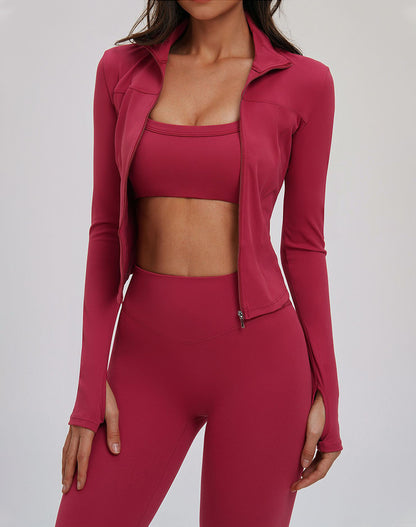 Cropped Jacket Zip Slim Fit Athletic Tops with Thumb Holes