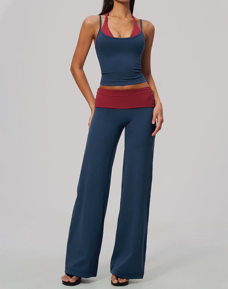 2 Piece Color Block Tank Top and Fold Over Flare Pant Sets