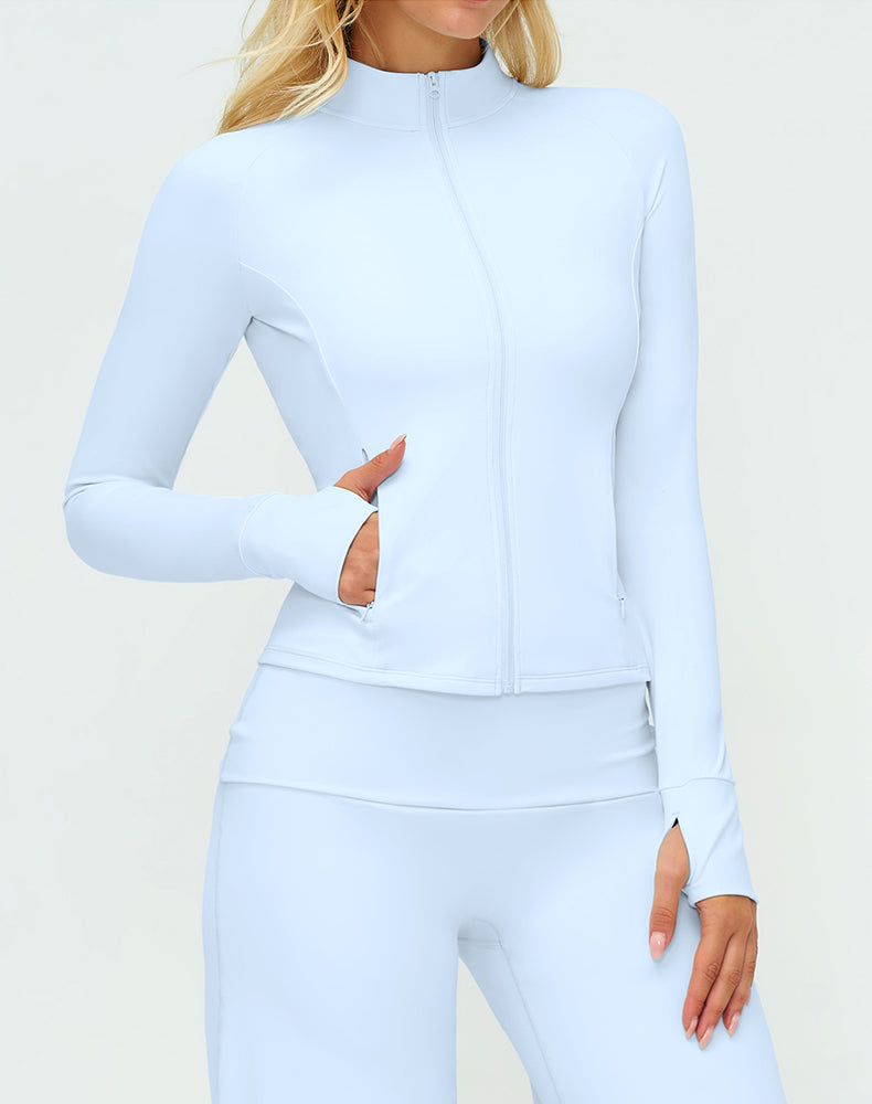 Cropped Athletic Jacket with Pockets and Thumb Holes