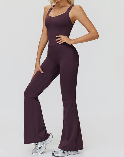 Cross Back One Piece Jumpsuit Yoga Flare Leg Rompers
