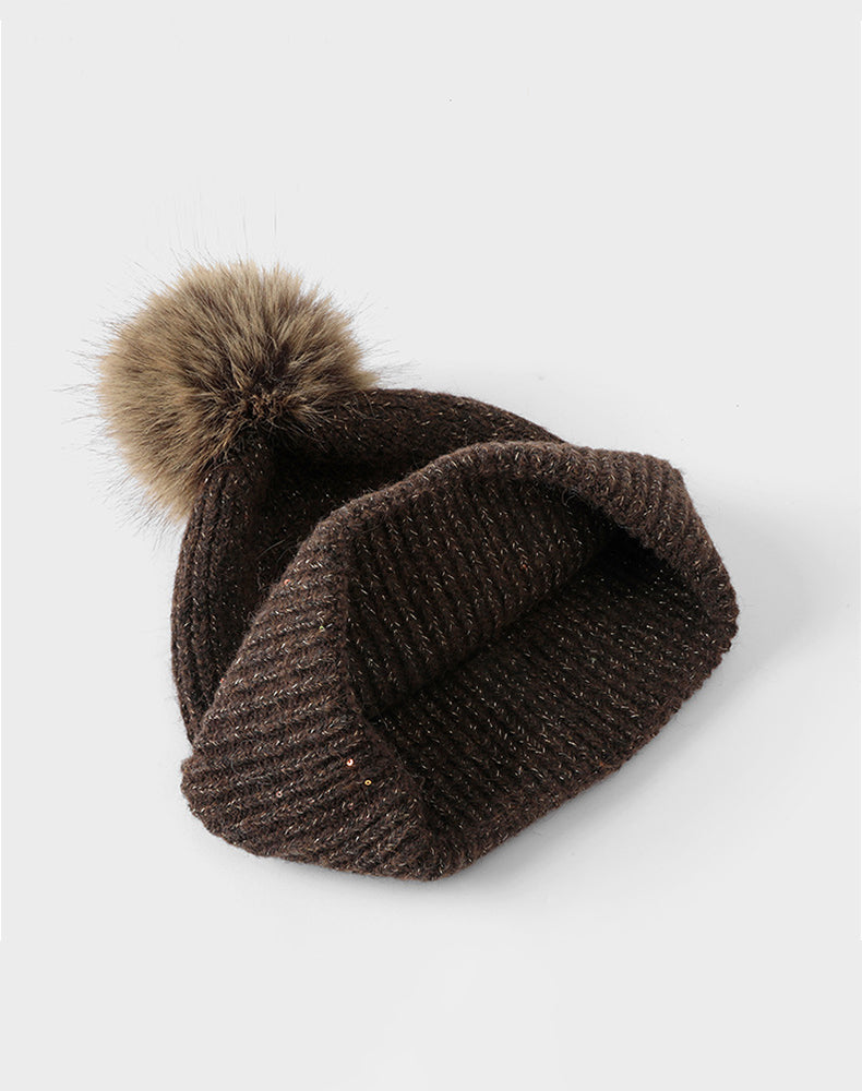 Winter Knitted Beanie Hat with Faux Fur Pom