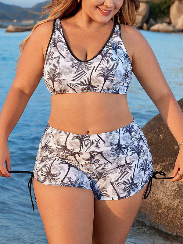 Plus Size Three Piece Coconut Tree Tankini Swimsuits with Short